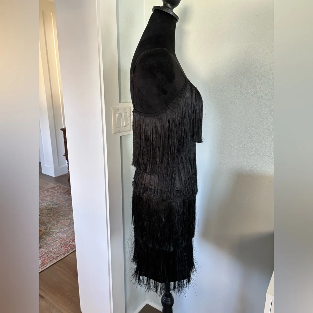 Black 20s flapper dress size XS fringe great gatsby style